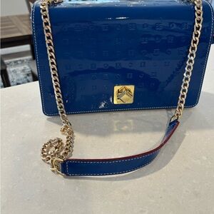 Blue Patent Leather Chain Shoulder Bag